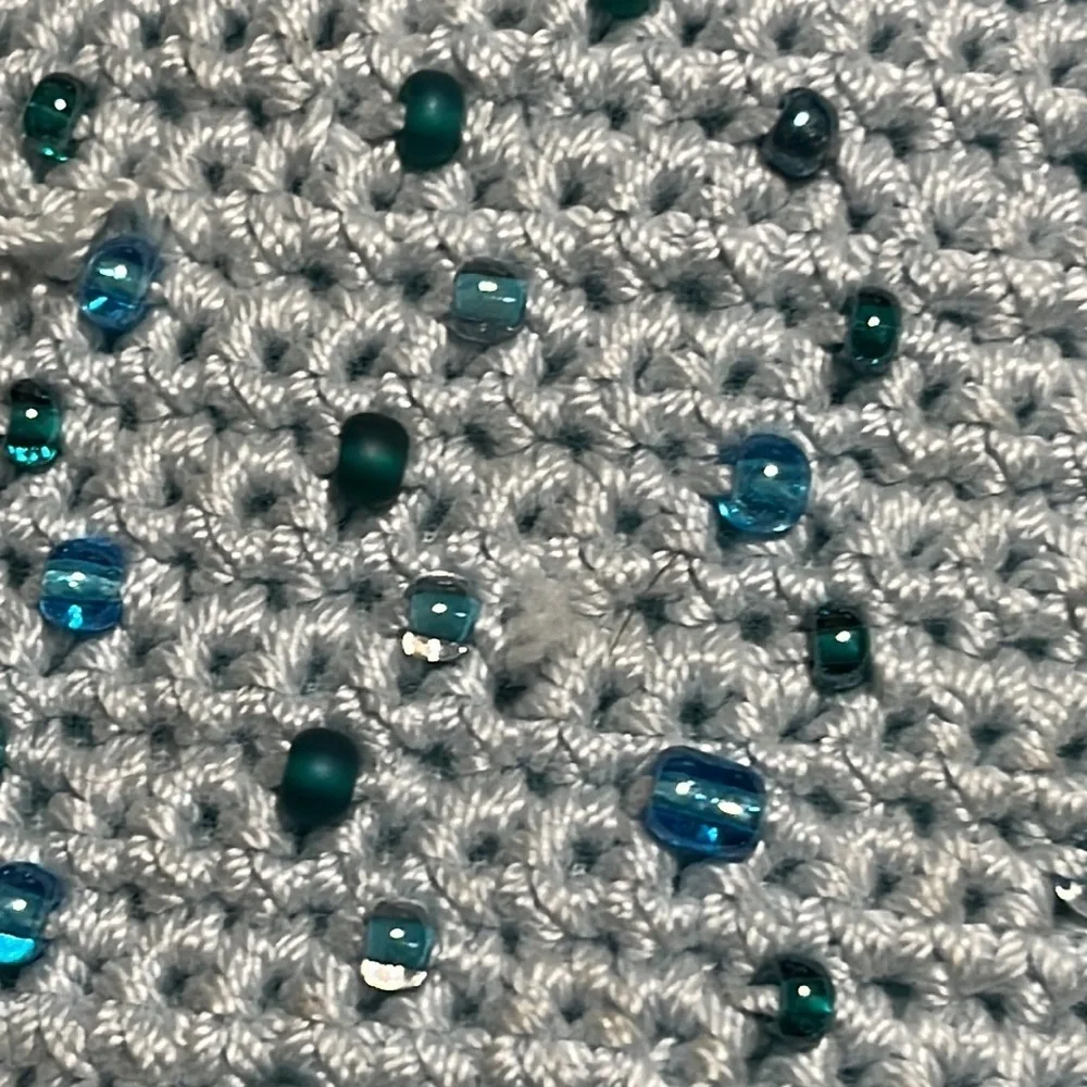 Beaded CROCHET BAGE, in Light Blue, BOHO, HIPPIE, 10x 7 with 21” drop strap.